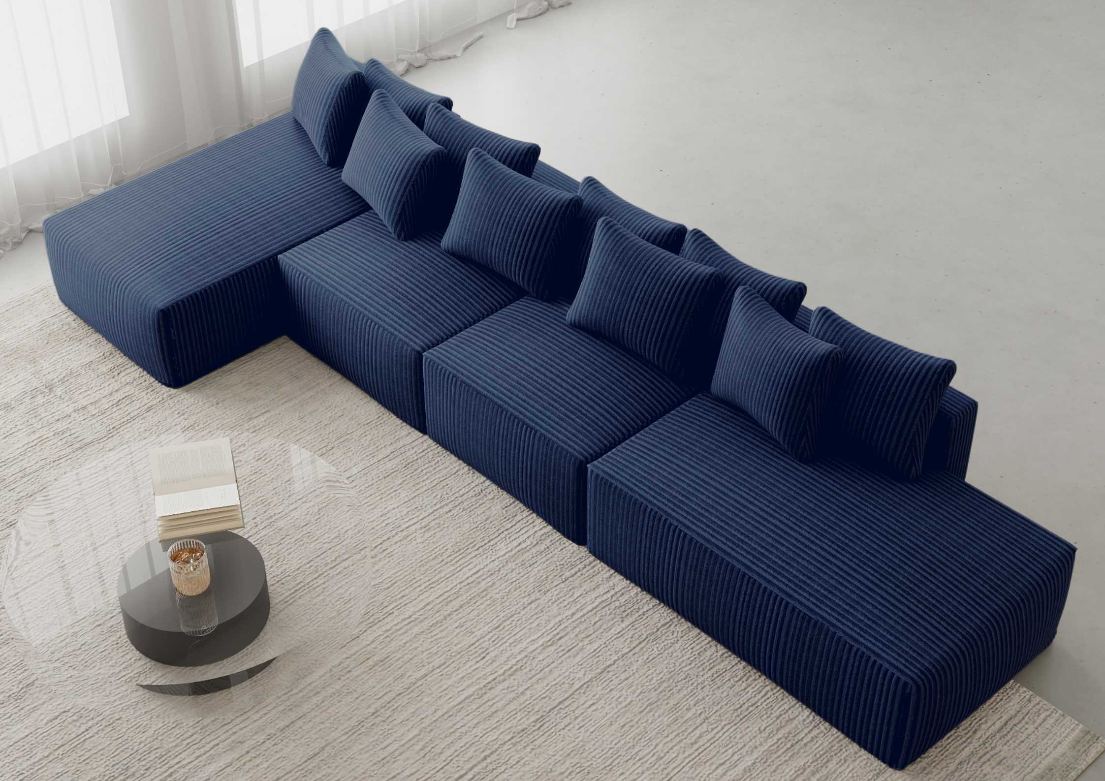 Duży narożnik wolnostojący z funkcją spania materiał sztruks kolor granatowy